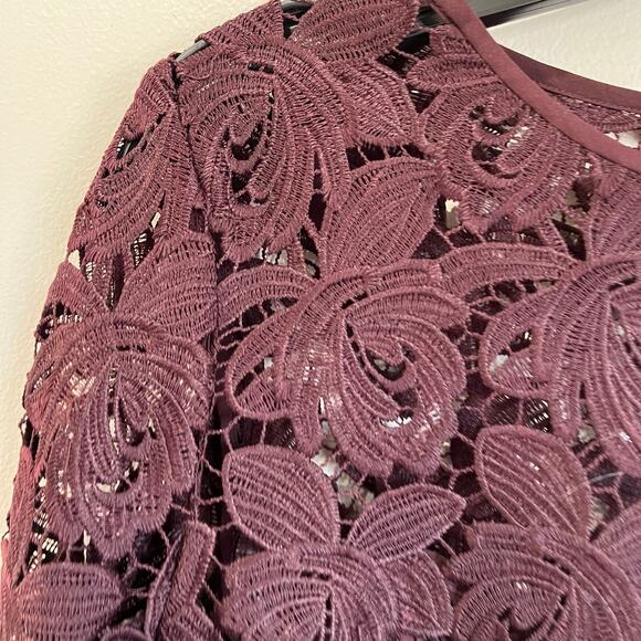 Loft Floral Guipure Lace Lined Burgundy Red Sheer Trim Shift Dress Sz 10P - Picture 2 of 6